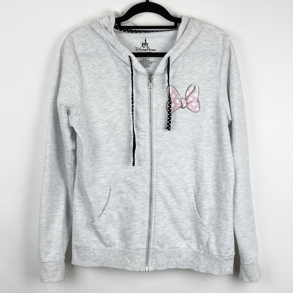 Disney Parks Minnie Mouse Bow Zip Up Hoodie Sweatshirt Gray Heather Women Size L